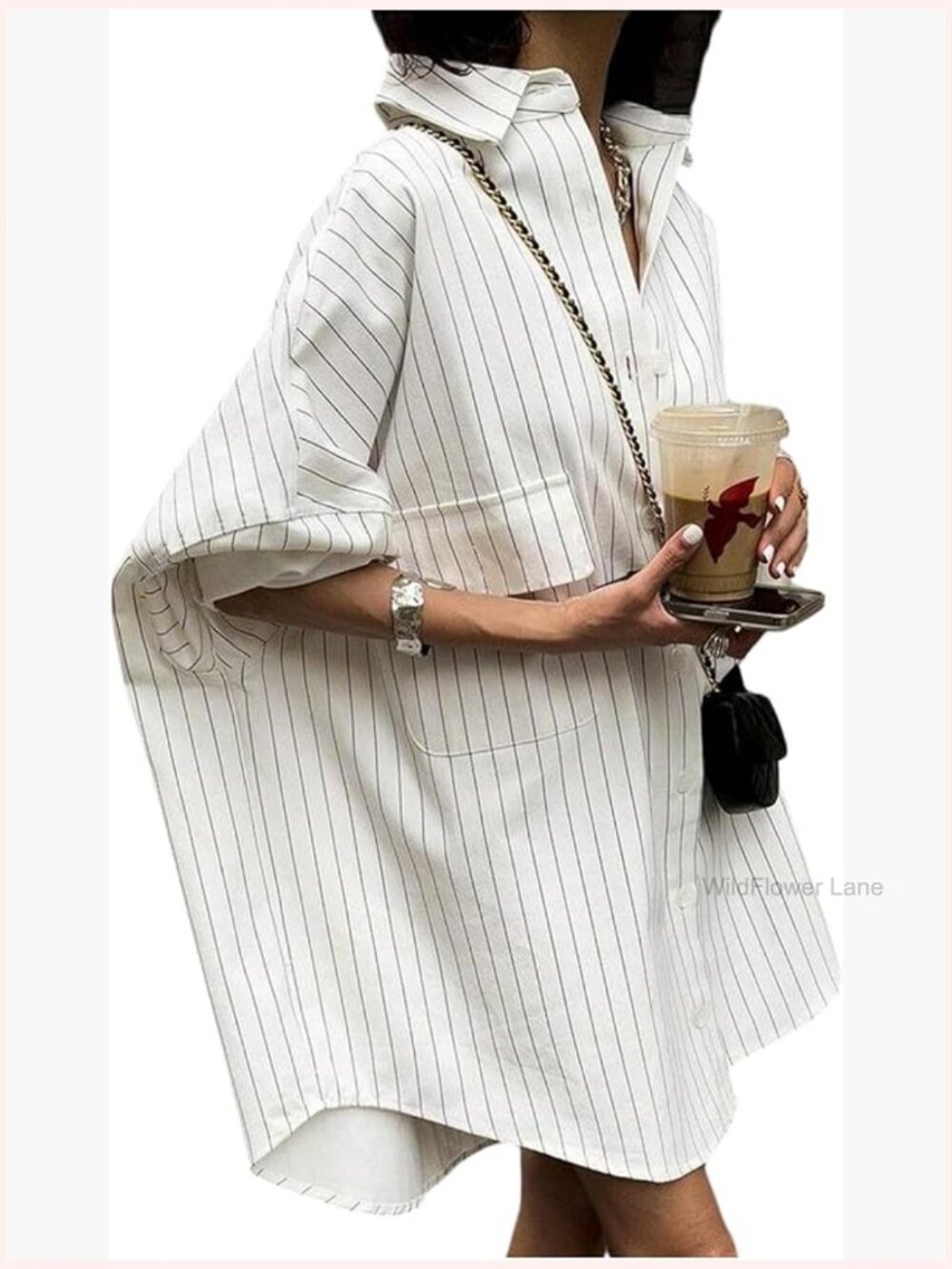 Button Down Shirt Dress Striped Oversized Long Sleeve Collared Tunic High Low
